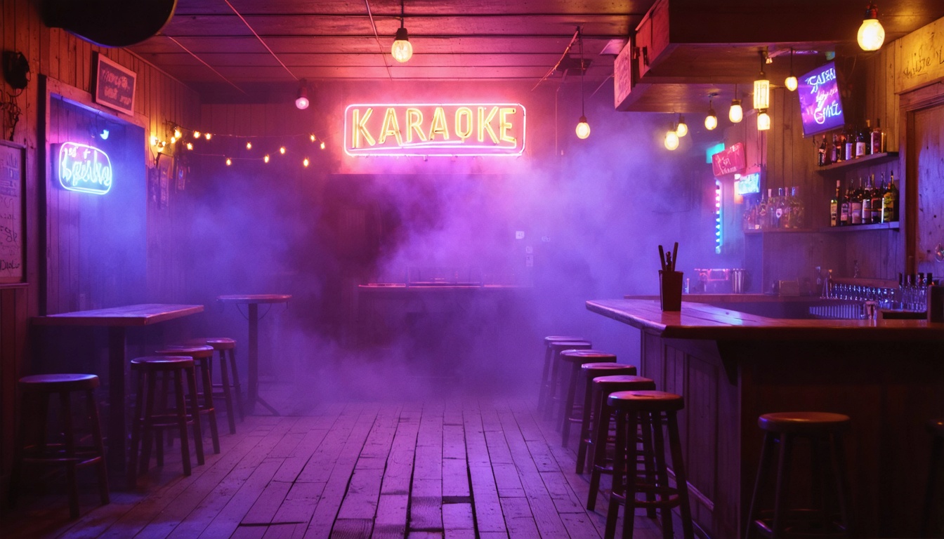 Neon karaoke sign glowing in warm color inside a dimly lit Minnesota bar