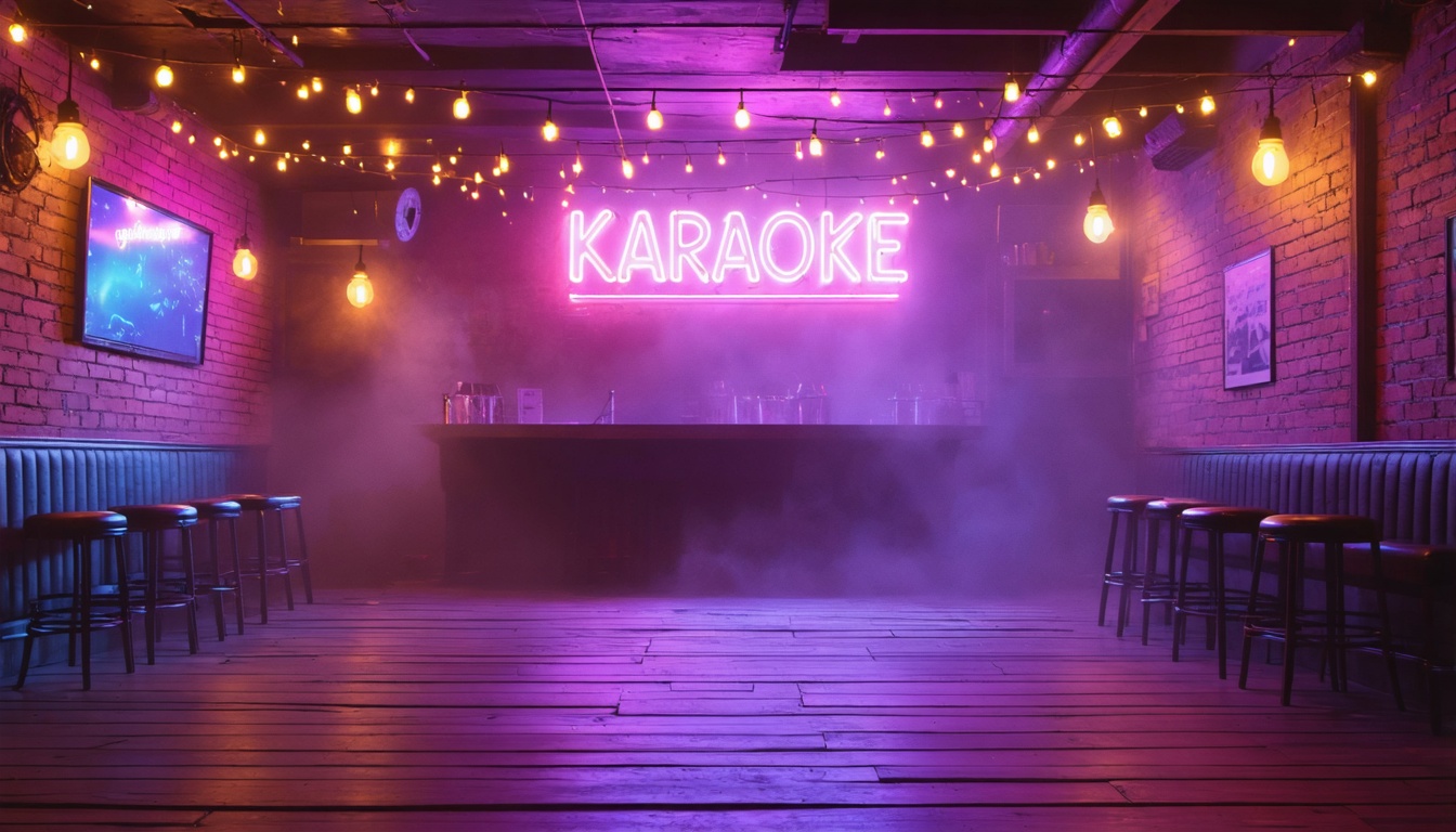 Neon karaoke sign glowing pink and purple in a dimly lit Minnesota bar