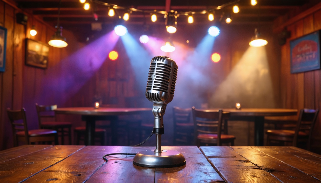 Colorful spotlight on a vintage microphone at a small-town bar karaoke night