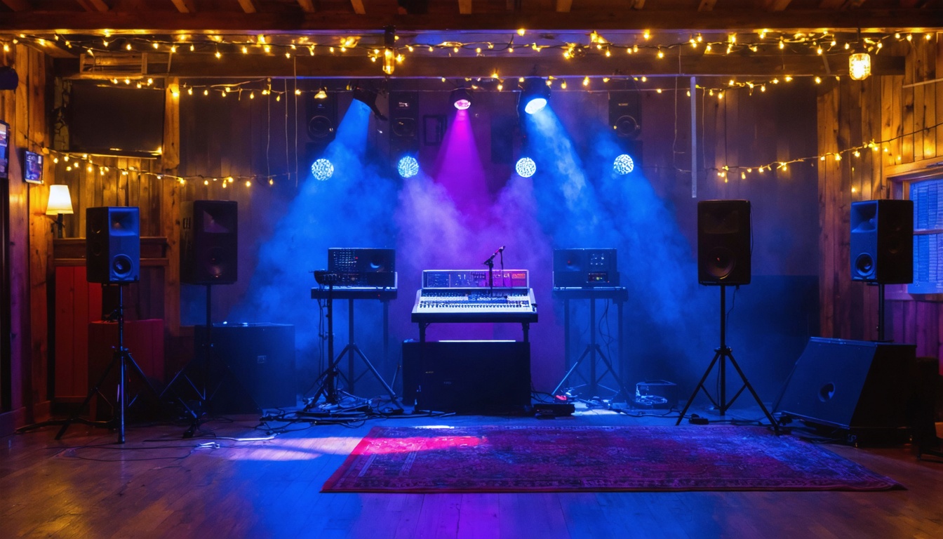 Speaker stacks and colorful stage lighting set up inside a cozy Minnesota venue