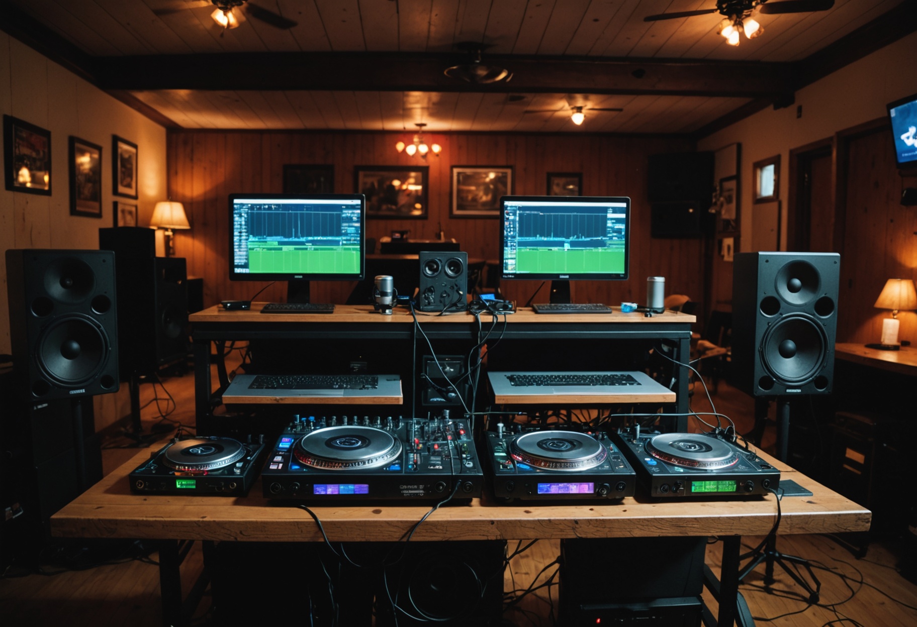 Speaker stacks and DJ equipment set up inside a cozy small-town Minnesota venue