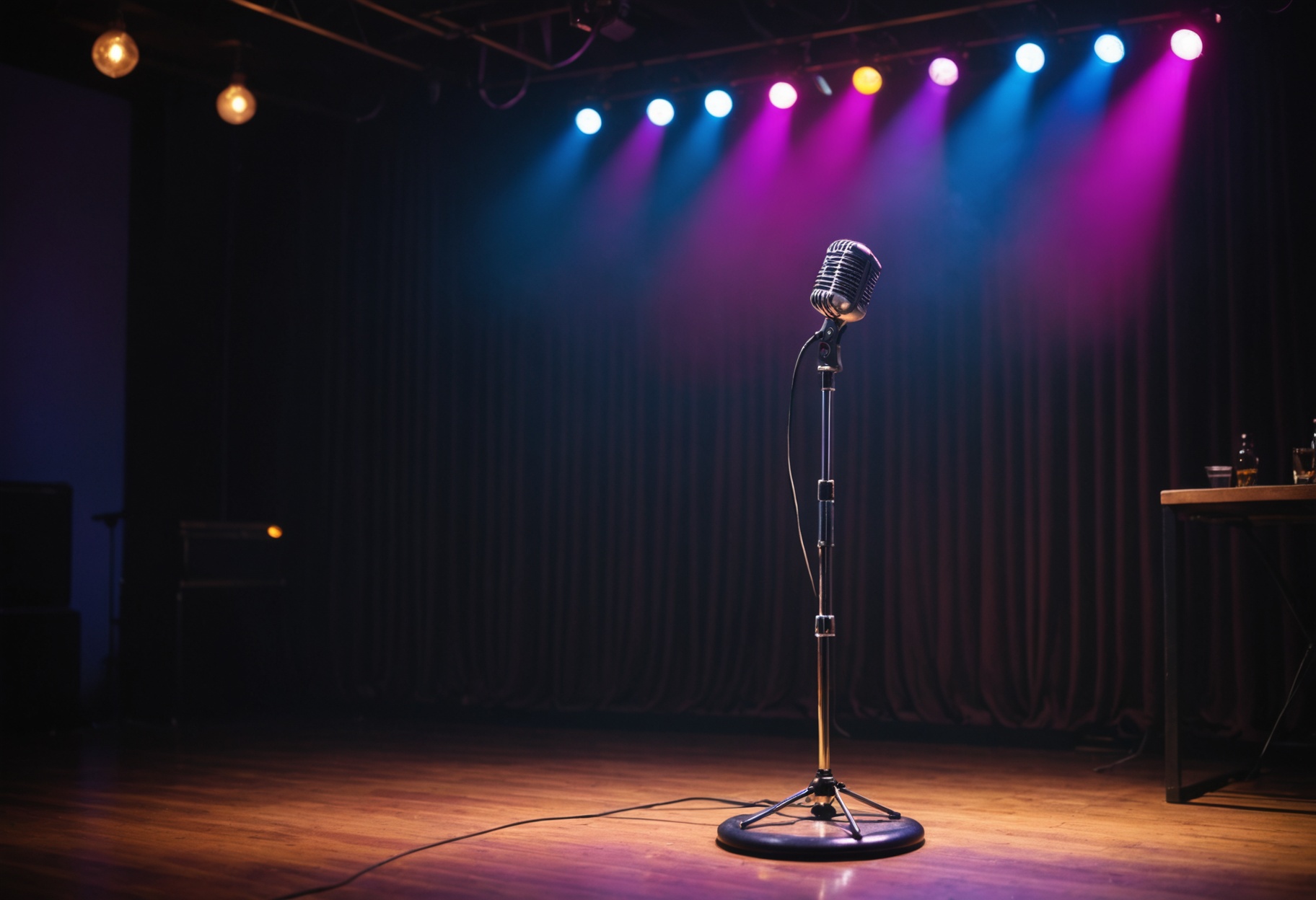 Colorful spotlights over a microphone stand at a small-town bar karaoke night