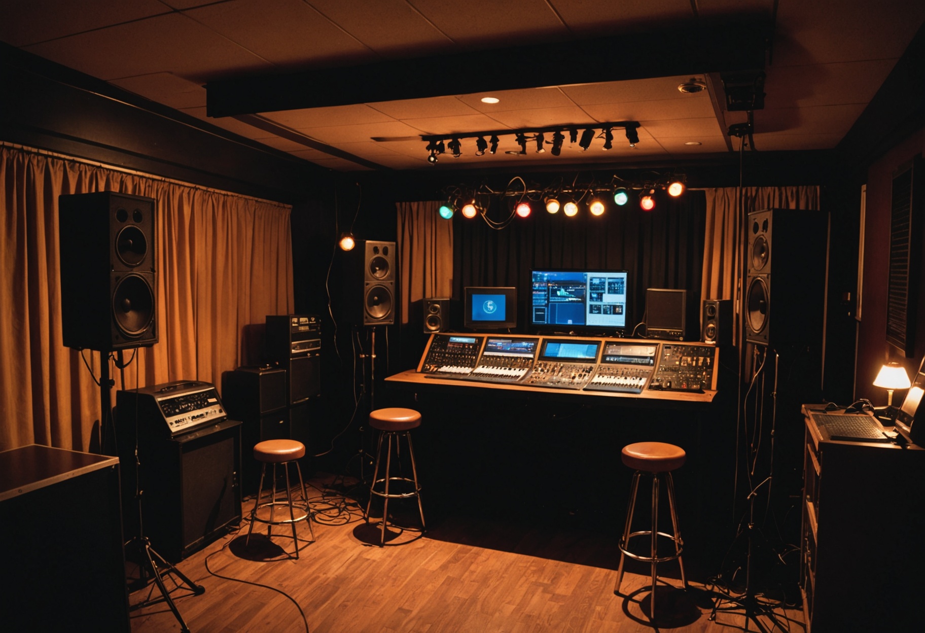 DJ and PA equipment neatly set up on a small stage inside a Minnesota bar
