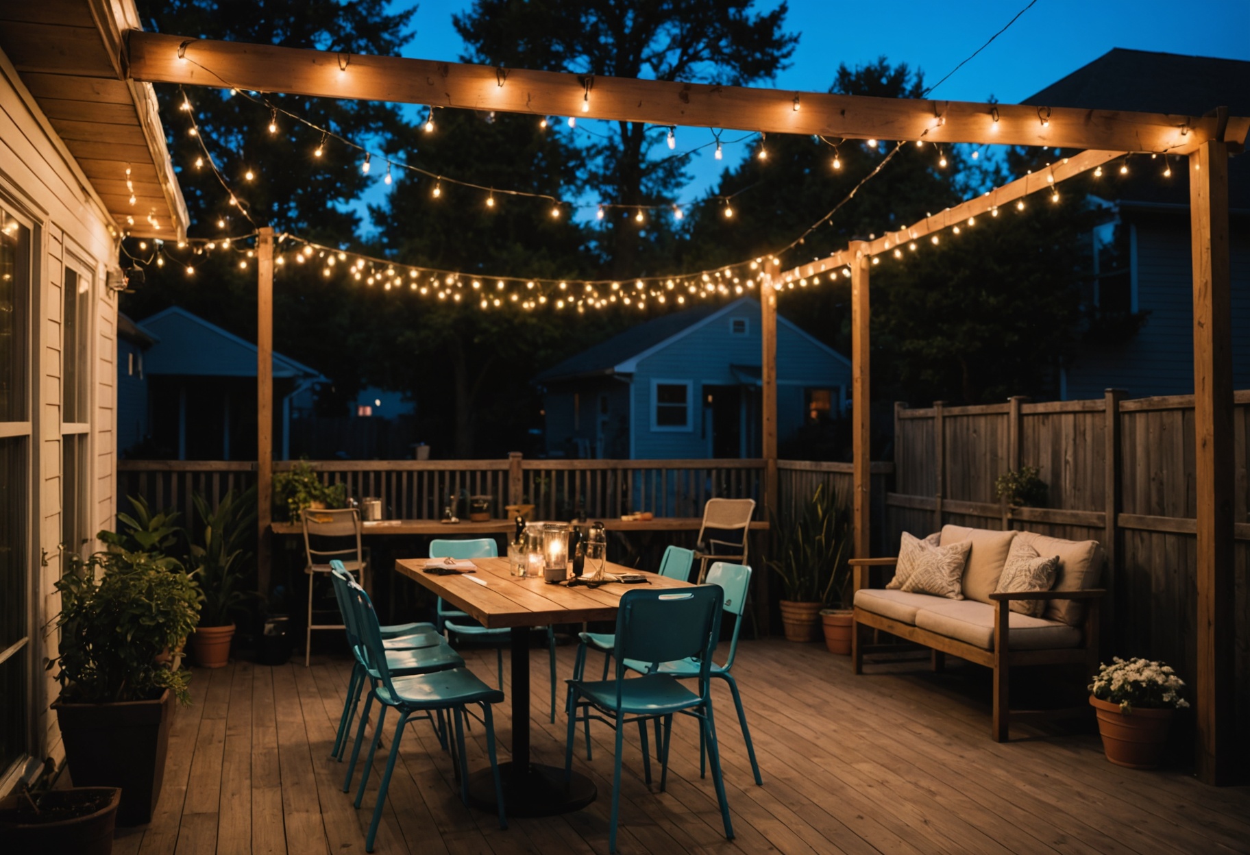 String lights and a makeshift karaoke stage set up for a backyard private party